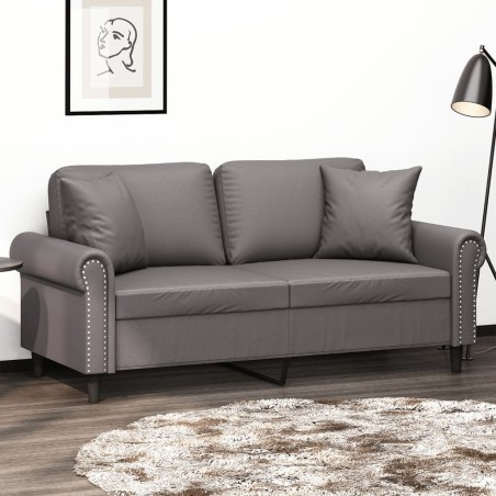 Canapé 2 places avec oreillers décoratifs gris 140cm similicuir 