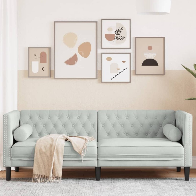 Canapé Chesterfield avec traversins 3 places gris clair velours 