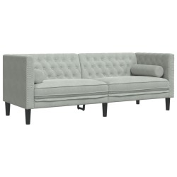 Canapé Chesterfield avec traversins 3 places gris clair velours 