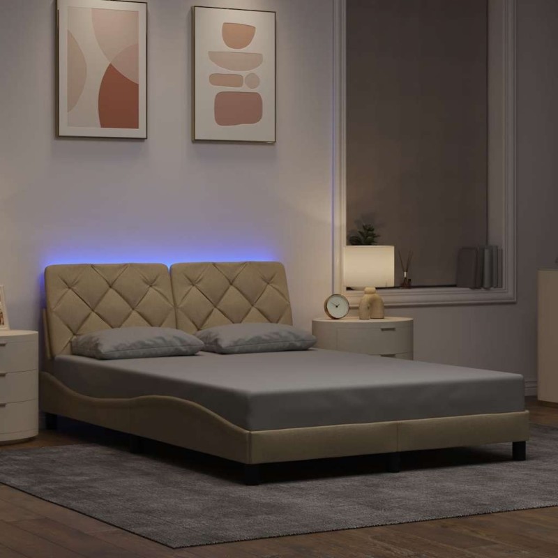 Cadre de lit avec LED sans matelas crème 140x190 cm tissu 