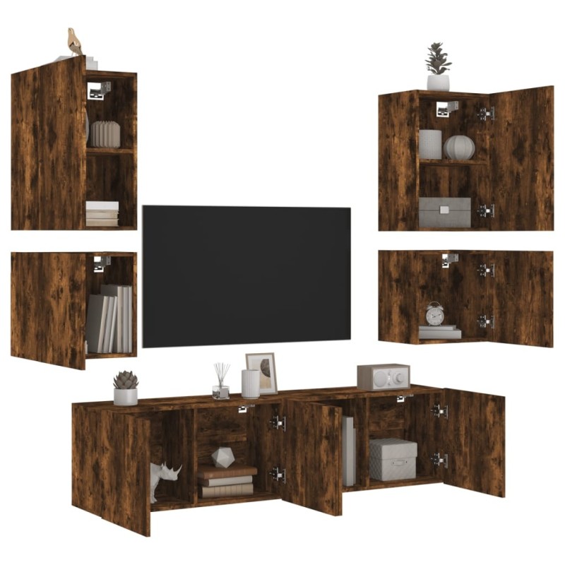Unités murales TV 6 pcs chêne fumé bois d'ingénierie 