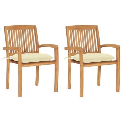 Chaises de jardin lot de 2 et coussins blanc crème Bois de teck 