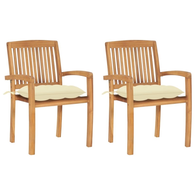 Chaises de jardin lot de 2 et coussins blanc crème Bois de teck 