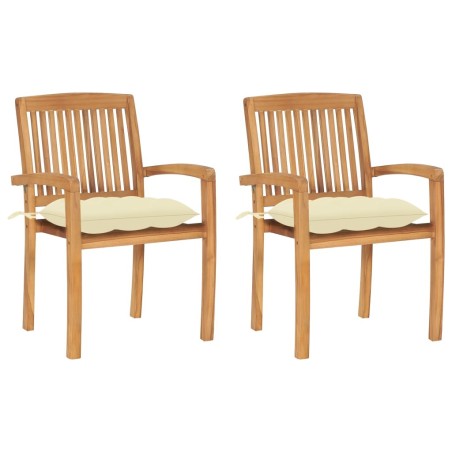 Chaises de jardin lot de 2 et coussins blanc crème Bois de teck 