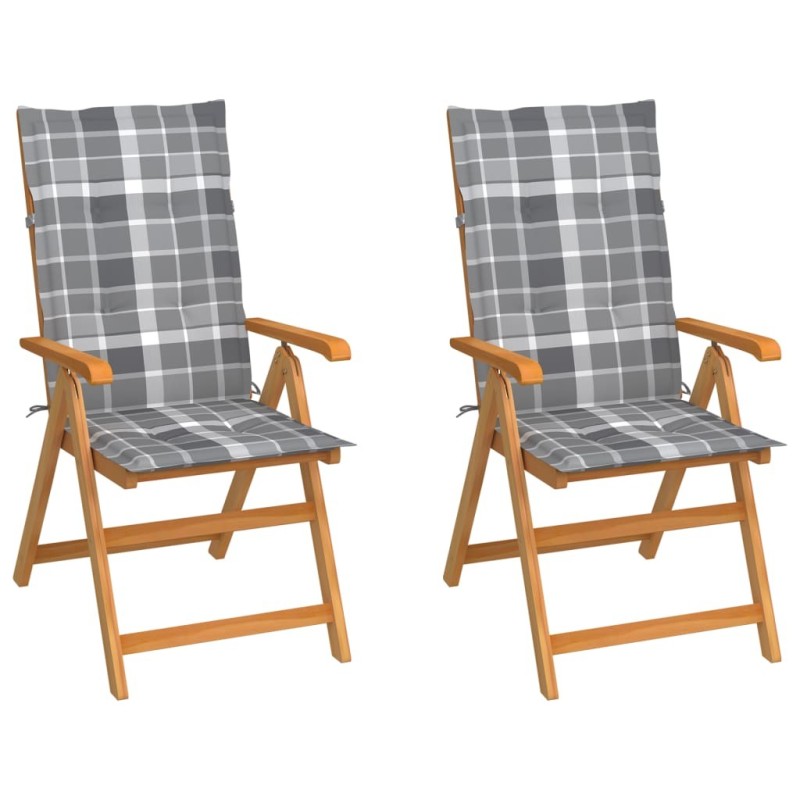 Chaises de jardin lot de 2 et coussins à carreaux gris Teck 