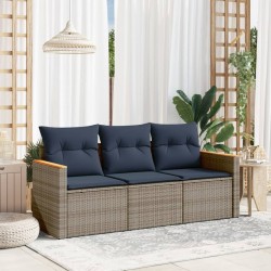Salon de jardin avec coussins 3 pcs gris résine tressée 