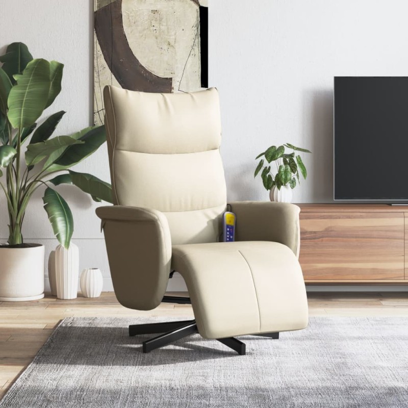 Fauteuil inclinable de massage et repose-pieds crème similicuir  