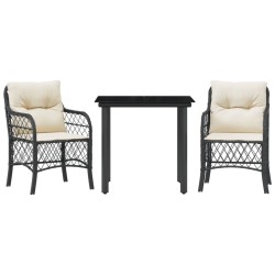 Ensemble de bistro 3 pcs avec coussins noir résine tressée 