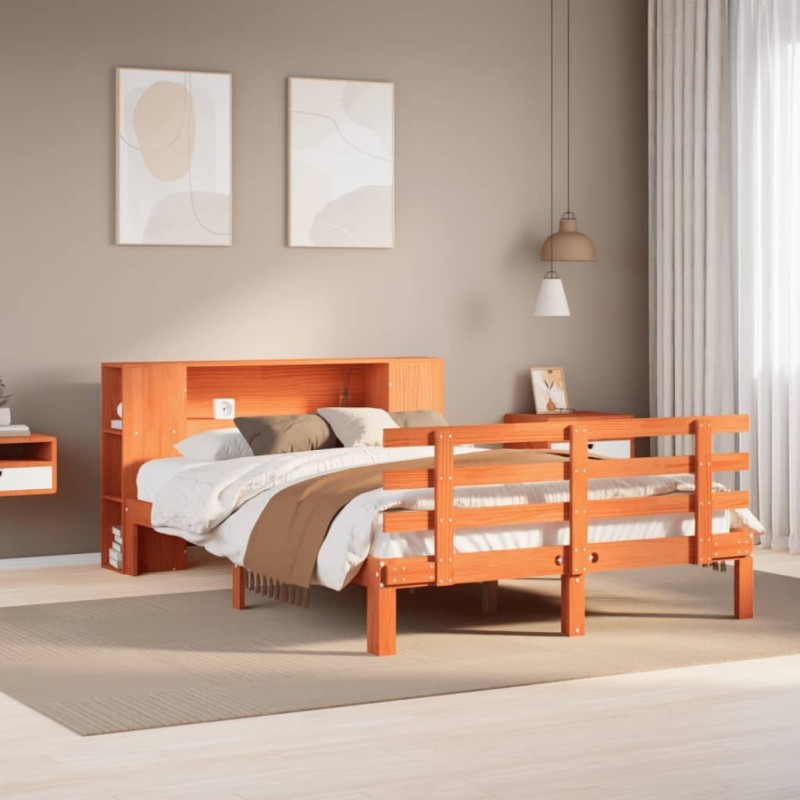 Lit bibliothèque sans matelas cire marron 135x190 cm pin massif 