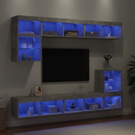 Unités murales TV avec LED 8 pcs gris béton bois d'ingénierie 