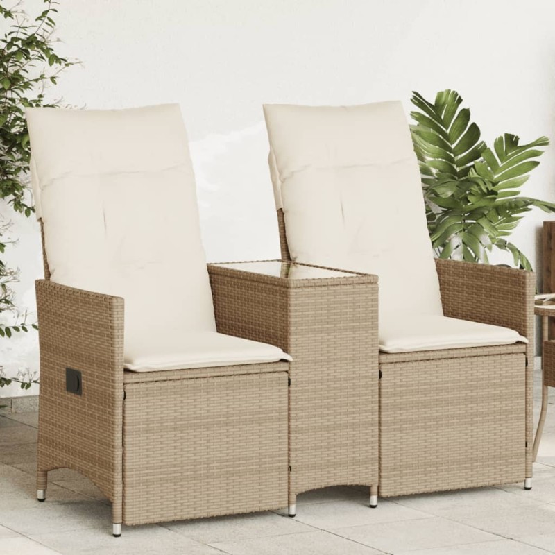 Canapé de jardin inclinable 2 places avec table beige rotin 