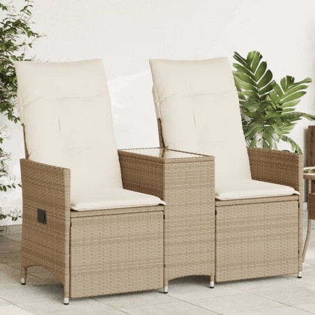 Canapé de jardin inclinable 2 places avec table beige rotin 