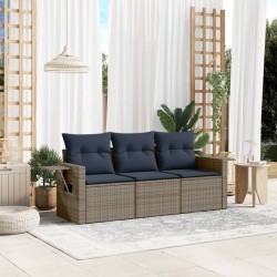 Salon de jardin avec coussins 3 pcs gris résine tressée 