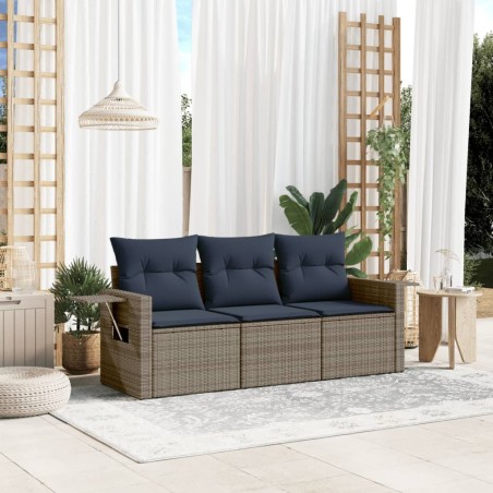 Salon de jardin avec coussins 3 pcs gris résine tressée 