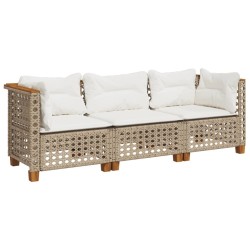 Canapé de jardin avec coussins 3 places beige résine tressée 