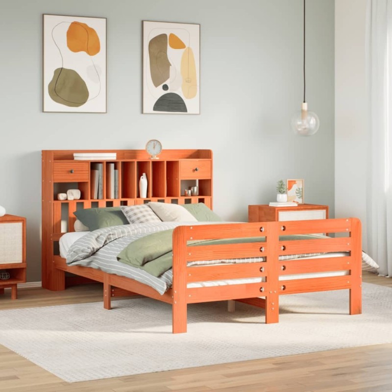 Lit bibliothèque sans matelas cire marron 140x190 cm pin massif 