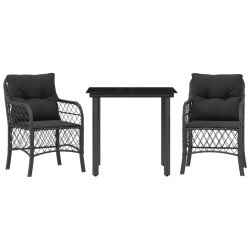 Ensemble de bistro 3 pcs avec coussins noir résine tressée 