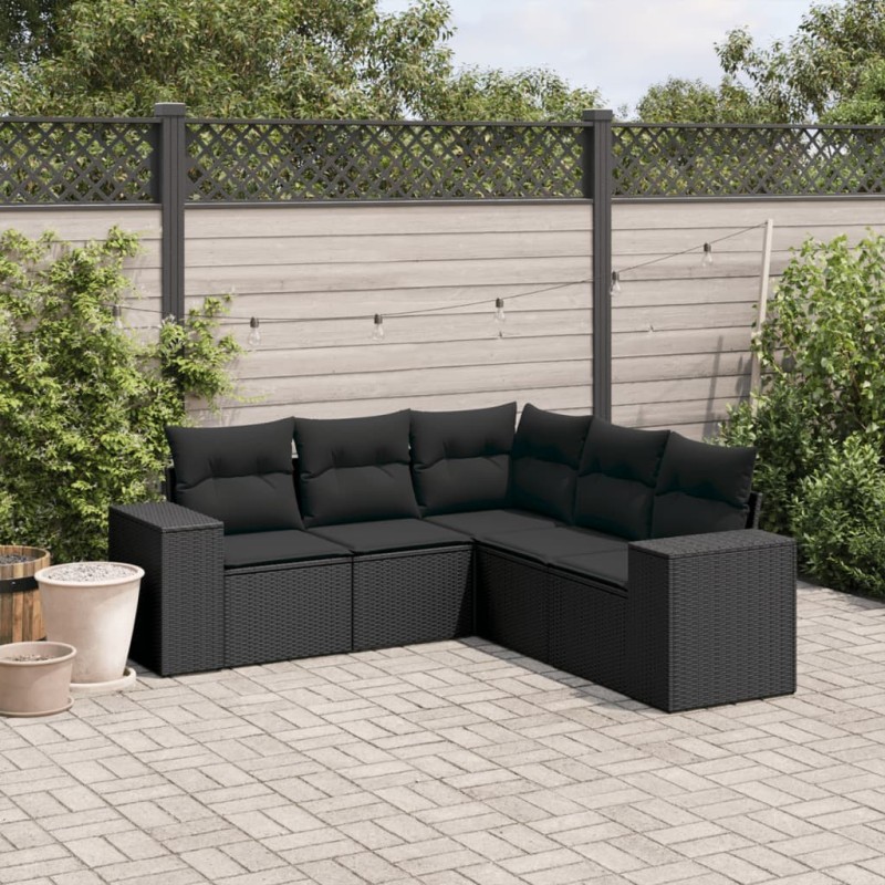 Salon de jardin 5 pcs avec coussins noir résine tressée 