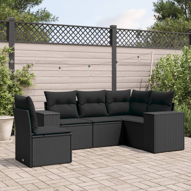 Salon de jardin 5 pcs avec coussins noir résine tressée 