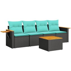 Salon de jardin 5 pcs avec coussins noir résine tressée 
