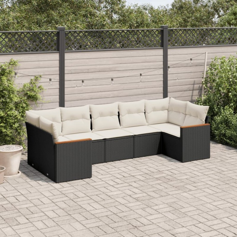 Salon de jardin 7 pcs avec coussins noir résine tressée 