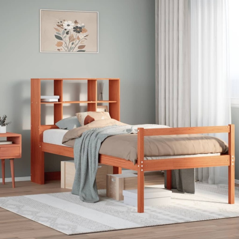 Lit bibliothèque sans matelas cire marron 75x190 cm bois massif 
