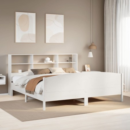 Lit bibliothèque sans matelas blanc 200x200 cm bois pin massif 