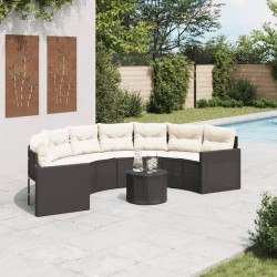 Canapé de jardin table coussins demi-rond noir résine tressée 