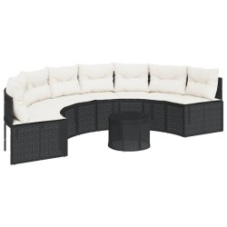 Canapé de jardin table coussins demi-rond noir résine tressée 