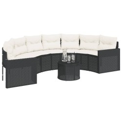 Canapé de jardin table coussins demi-rond noir résine tressée 