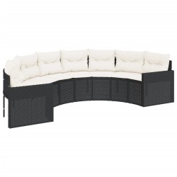 Canapé de jardin table coussins demi-rond noir résine tressée 