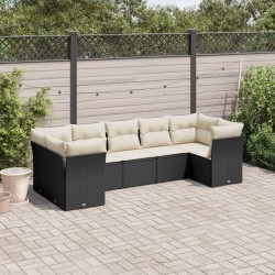 Salon de jardin 7 pcs avec coussins noir résine tressée 