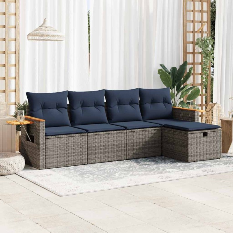 Salon de jardin 5 pcs avec coussins gris résine tressée 
