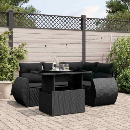 Salon de jardin 5 pcs avec coussins noir résine tressée 