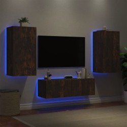 Meuble TV muraux 3 pcs avec lumières LED chêne fumé 