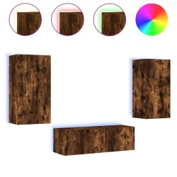 Meuble TV muraux 3 pcs avec lumières LED chêne fumé 
