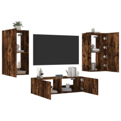 Meuble TV muraux 3 pcs avec lumières LED chêne fumé 