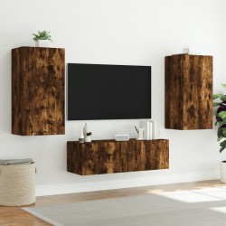 Meuble TV muraux 3 pcs avec lumières LED chêne fumé 