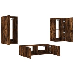Meuble TV muraux 3 pcs avec lumières LED chêne fumé 