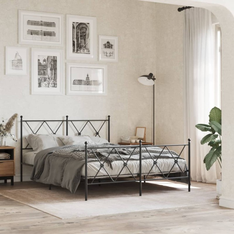 Cadre de lit métal sans matelas avec pied de lit noir 140x190cm 