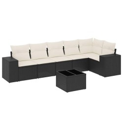 Salon de jardin 7 pcs avec coussins noir résine tressée 