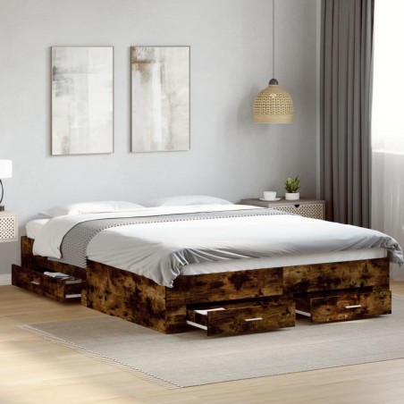Cadre de lit avec tiroirs sans matelas chêne fumé 160x200 cm 