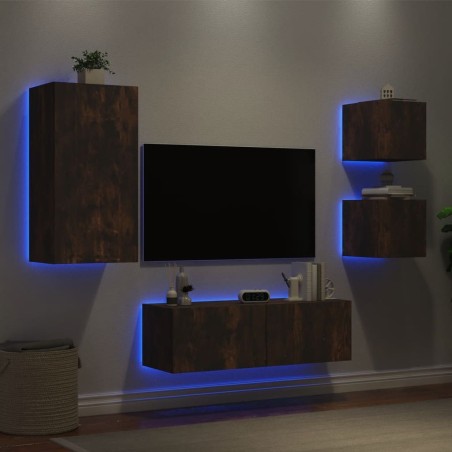 Meuble TV muraux 4 pcs avec lumières LED chêne fumé 