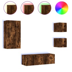 Meuble TV muraux 4 pcs avec lumières LED chêne fumé 