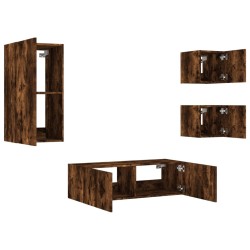 Meuble TV muraux 4 pcs avec lumières LED chêne fumé 