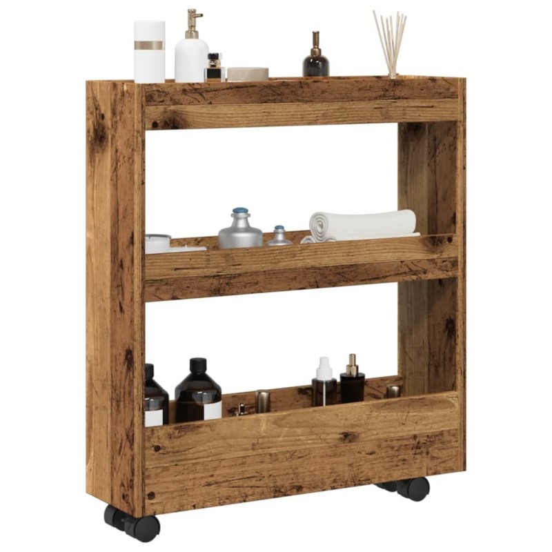 Chariot de rangement étroit 3 niveaux vieux bois 