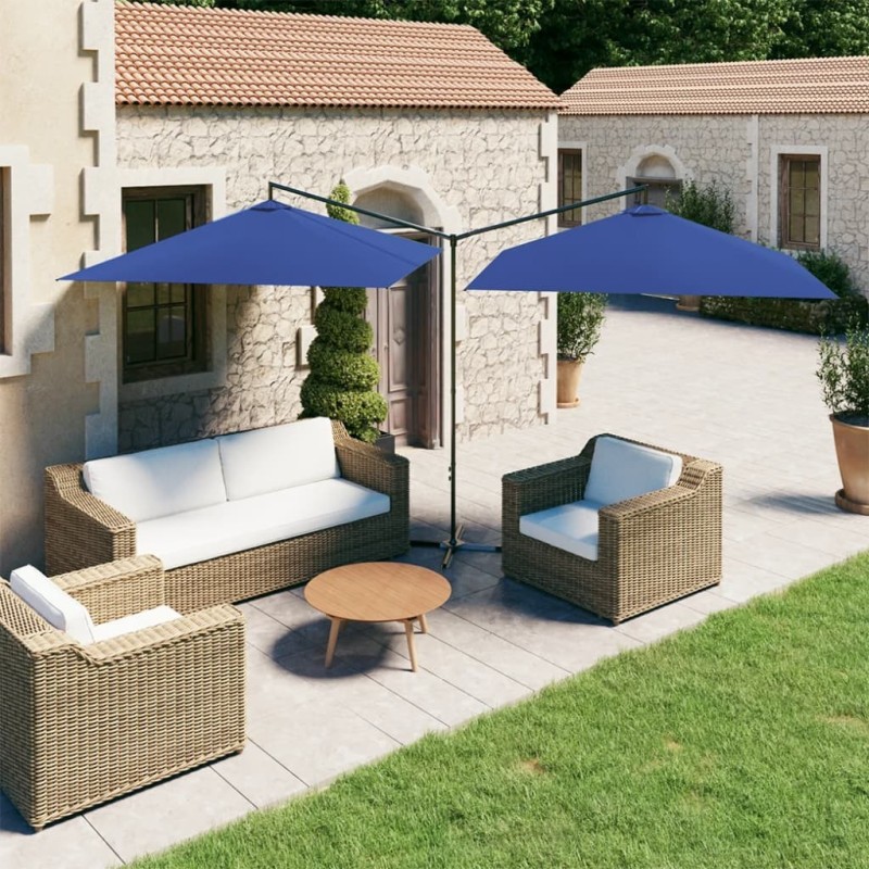 Parasol de jardin double avec mât en acier bleu azuré 600x300cm 