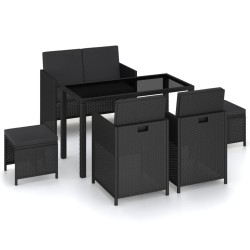 Mobilier à dîner de jardin 6pcs et coussins Résine tressée Noir 
