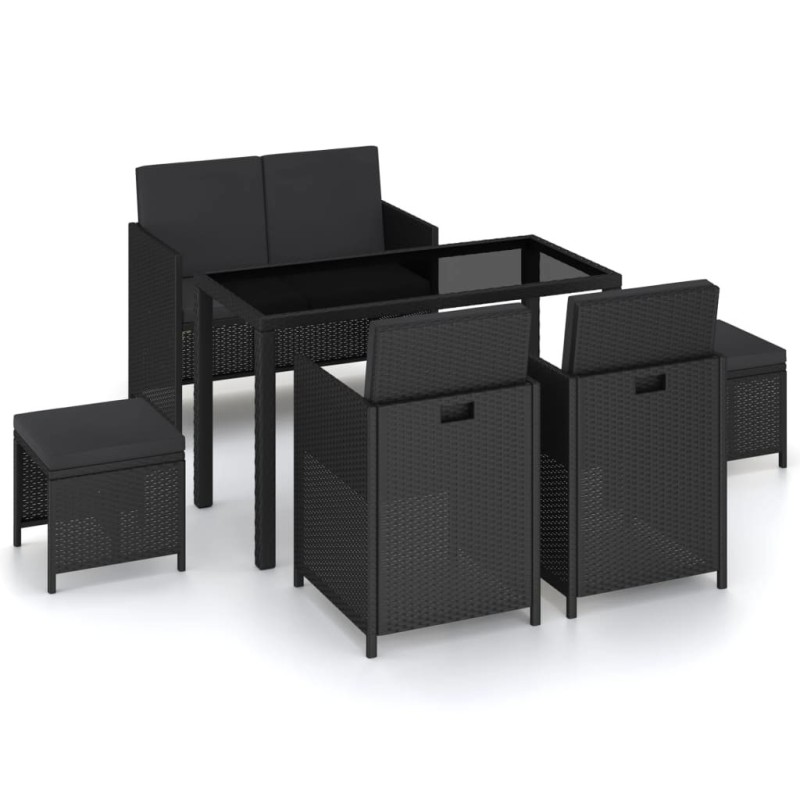 Mobilier à dîner de jardin 6pcs et coussins Résine tressée Noir 