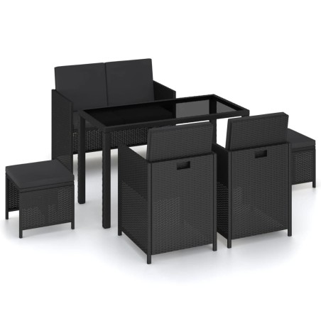 Mobilier à dîner de jardin 6pcs et coussins Résine tressée Noir 